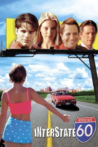 The poster features a vibrant highway scene with a woman in a pink top and blue polka-dot skirt standing on the left, while a red car drives away on the right. At the top, four smiling faces appear against a yellow background, suggesting a family or group. The sky is bright blue with fluffy cloud...