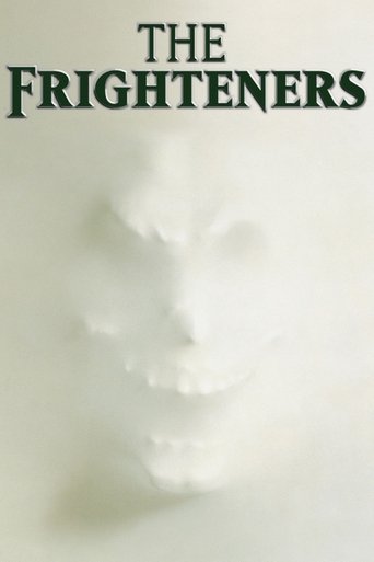 The Frighteners poster features a haunting white skull against a stark white background, evoking a chilling, eerie mood. The dark green text "THE FRIGHTENERS" adds a mysterious and ominous tone, suggesting a horror film with unsettling themes.