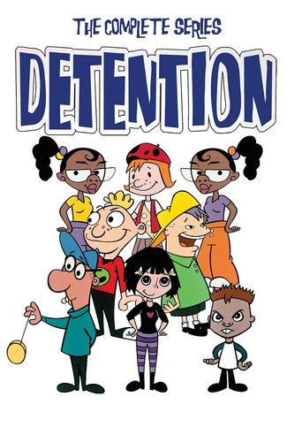 The poster features a lively group of diverse teenagers in colorful school uniforms, exuding a playful and energetic mood. The bold blue title "Detention" dominates the top, while the characters stand out with their vibrant attire and dynamic poses.