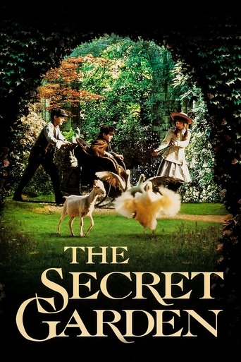 The poster features four young people in period clothing, surrounded by lush greenery and vibrant flowers. The warm, golden lighting enhances the romantic and magical atmosphere. The title "The Secret Garden" is prominently displayed at the bottom, evoking a sense of wonder and timeless beauty.