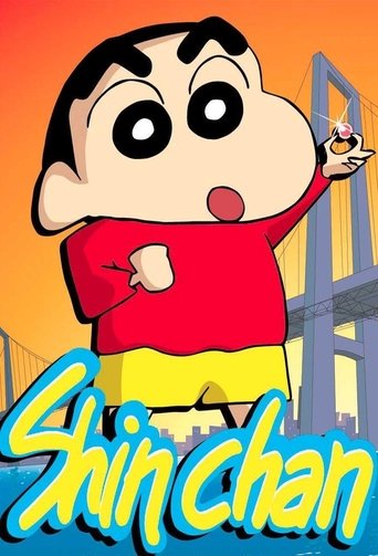 The poster features the animated character Shin-chan, a cheerful boy with a red shirt and yellow shorts, holding a small object. The background shows a stylized bridge with warm orange and yellow tones, creating a lively and inviting atmosphere. The bold, colorful text "Shin Chan" at the bottom e...