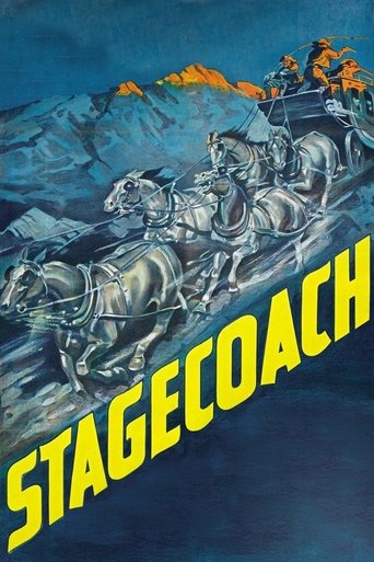 A dramatic movie poster for "Stagecoach" features a lone rider atop a horse-drawn carriage, navigating treacherous mountain terrain. The scene is dominated by deep blues and fiery oranges, evoking a sense of adventure and peril. The bold yellow text "STAGECOACH" dominates the foreground, emphasiz...