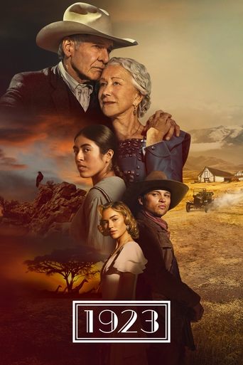 This poster captures a nostalgic 1920s American frontier scene with a sepia-toned palette evoking the golden age of cinema. The image features a group of five characters in period-appropriate clothing, suggesting a classic Western narrative. The warm sunset hues and rugged landscape create a sens...