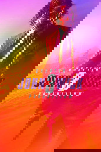 The poster features a powerful figure in a sharp suit against a dramatic sunset backdrop, evoking tension and action. The bold title "John Wick 3 - Parabellum" dominates the center, with the number "3" highlighted in red, emphasizing the film's gritty and intense narrative. The warm, fiery colors...