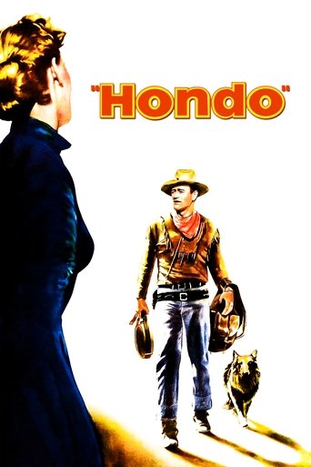 The poster features a cowboy in a brown vest and hat, holding a gun and a dog, standing against a bright background. A woman in a dark coat is seen from behind, looking toward the cowboy. The title "Hondo" is prominently displayed in bold orange letters. The image conveys a Western mood with warm...