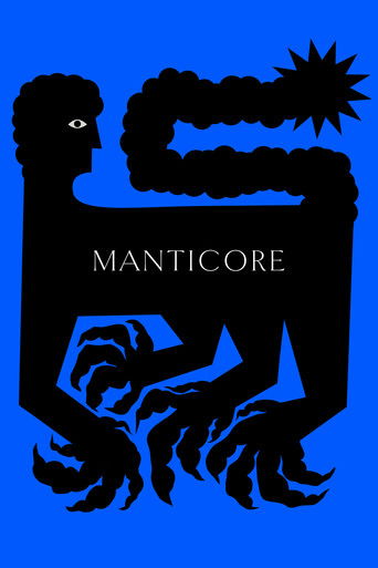A striking black silhouette of a humanoid figure with a manticore-like head and tail, set against a vivid blue background. The poster conveys a mysterious, eerie mood, evoking the classic horror genre with its bold imagery and dark color scheme.