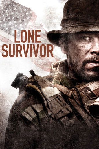 The poster features a rugged soldier in a military hat, wearing tactical gear and carrying a rifle, set against a backdrop of an American flag. The sepia-toned color scheme evokes a gritty, historical atmosphere, while the bold text "LONE SURVIVOR" in red underscores the film's theme of isolation...
