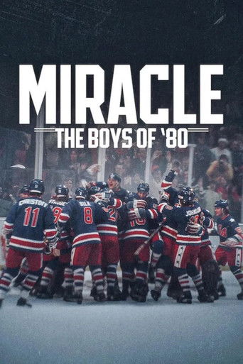 The poster features a group of hockey players in red and blue jerseys huddled together, exuding camaraderie and unity. The dark, moody atmosphere with muted tones and blurred background suggests a serious, nostalgic mood. The title "Miracle: The Boys of '80" stands out prominently, hinting at a s...
