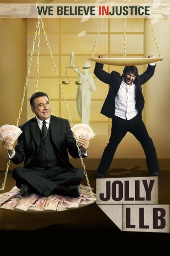 The poster features a man in a suit holding a scale, with money on either side, while another figure balances a wooden plank above. The background is warm and yellow, evoking a sense of justice or fairness. The title "JOLLY LLB" is prominently displayed in bold letters at the bottom. The overall ...
