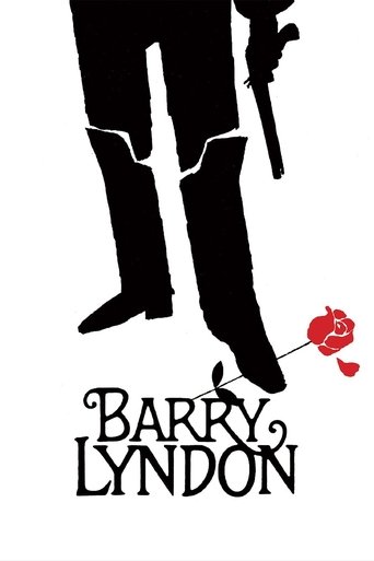 The poster features a stark black silhouette of a man in formal attire, holding a pistol, with a single red rose trailing behind him. The title "Barry Lyndon" is elegantly written in gothic-style lettering at the bottom. The minimalist design conveys a sense of mystery and intrigue, suggesting a ...
