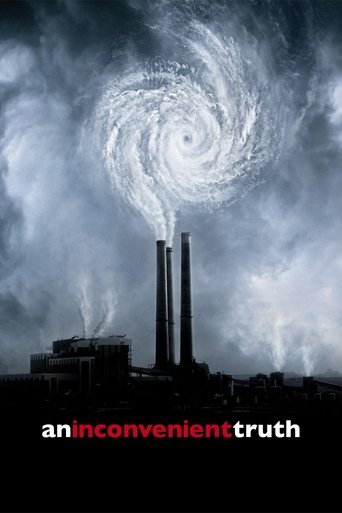 The poster depicts a dark, stormy sky with swirling clouds, symbolizing environmental crisis. Below, silhouettes of industrial structures emit smoke, emphasizing pollution. The title "An Inconvenient Truth" is prominently displayed in bold red text, underscoring the film's message about climate c...
