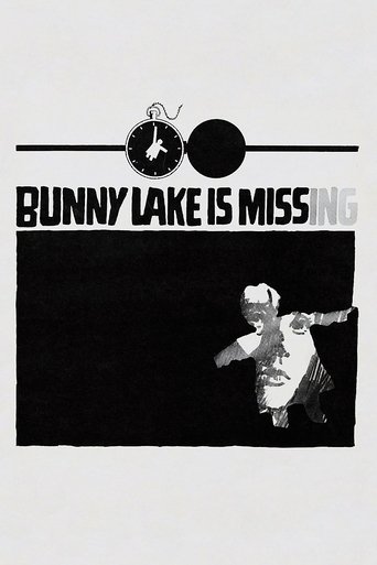This black-and-white poster features a silhouette of a person in motion against a stark black background, evoking a sense of urgency and mystery. The title "Bunny Lake Is Missing" is prominently displayed in bold, white letters at the top, while a clock symbol adds a time-related element. The ove...