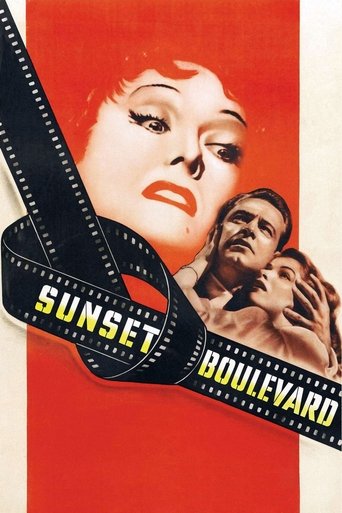 A dramatic poster for "Sunset Boulevard" features a woman with striking red lips and dramatic makeup against a bold red background. A man in a suit gazes upward, while another figure looks down with a somber expression. The film's title, "Sunset Boulevard," is emblazoned in yellow on a black film...