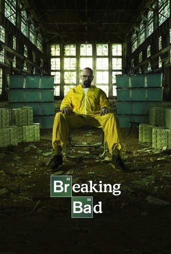 The poster features a man in a bright yellow jumpsuit sitting on a concrete ledge, surrounded by stacks of crates. The scene is dimly lit with harsh sunlight streaming through high windows, creating dramatic shadows and a gritty atmosphere. The title "Breaking Bad" appears in bold white letters a...