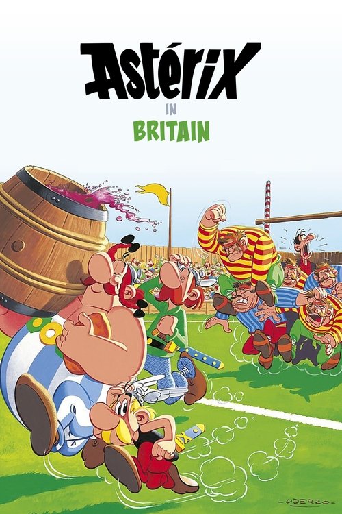 This vibrant poster captures the whimsical spirit of Asterix in Britain, featuring a lively scene with colorful characters racing through a festive parade. The bright greens and blues of the grass, the cheerful expressions of the characters, and the dynamic action convey a joyful and adventurous ...