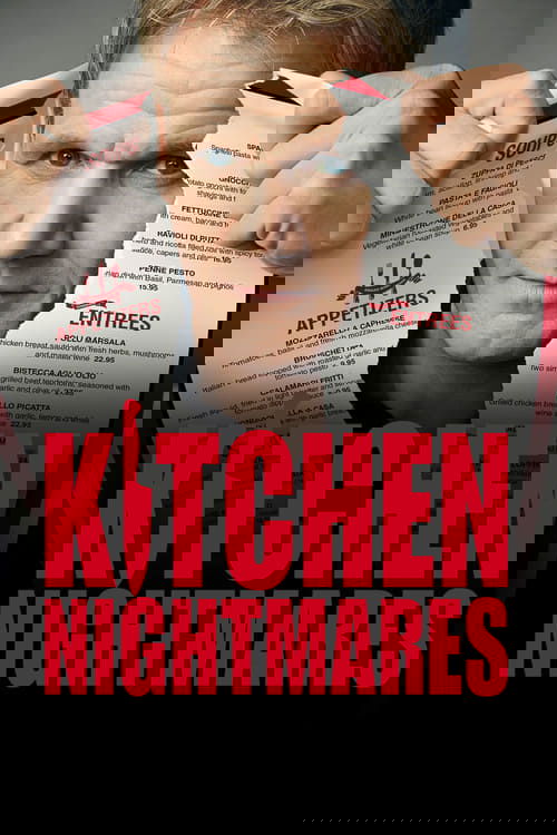 The poster features a close-up of a man with intense, concerned eyes as he holds up torn paper documents, suggesting chaos and stress. Dominating the lower portion is bold red text reading "KITCHEN NIGHTMARES," creating a stark contrast against the dark background. The overall composition conveys...