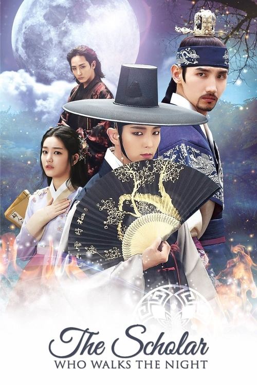 The poster features four characters in traditional East Asian attire against a mystical night sky with a large moon and glowing orbs. The central figure wears a black hat and ornate robe, while others stand in soft, ethereal lighting. The title "The Scholar Who Walks the Night" is elegantly displ...