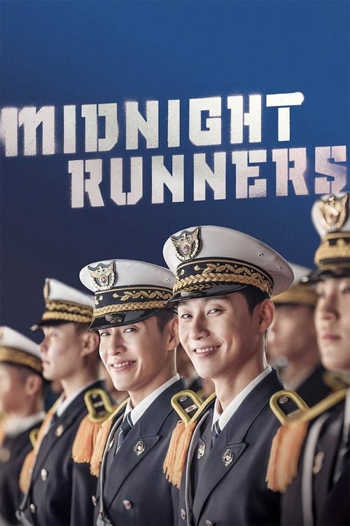 The poster features a group of uniformed officers in dark naval uniforms with gold epaulets, standing in formation against a deep blue background. The title "MIDNIGHT RUNNERS" is prominently displayed in bold white letters at the top. The mood is serious and determined, suggesting a thrilling mil...