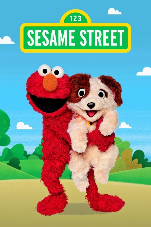 This vibrant Sesame Street poster features Elmo and a puppy in cheerful red and brown tones against a bright blue sky. The playful composition and sunny colors evoke a joyful, welcoming mood perfect for young children.