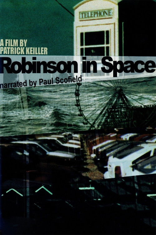 The poster features a dark, moody scene with a lone figure standing in a vast, starry void. The color palette is dominated by deep blues and blacks, evoking a sense of mystery and isolation. The title "Robinson in Space" is prominently displayed in bold, white letters, while the tagline "A FILM B...