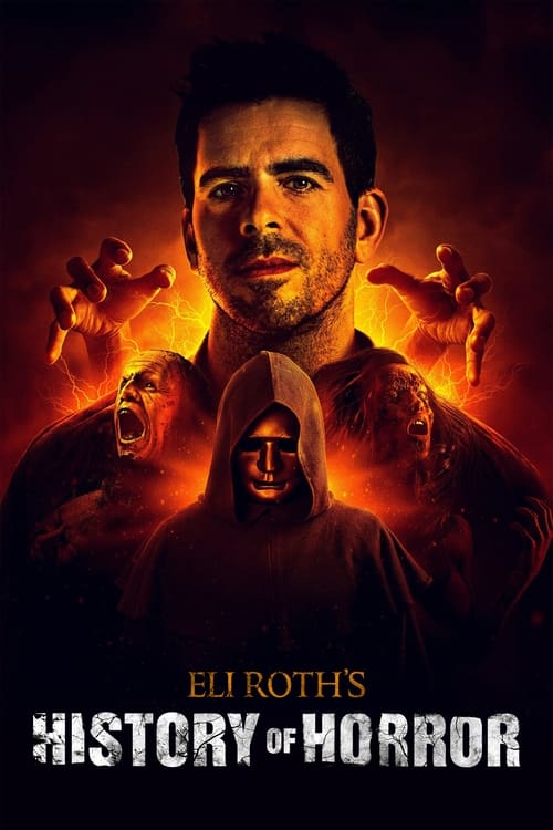 The poster features a menacing man with glowing orange eyes, surrounded by shadowy figures in dark robes. The fiery red and orange hues create an ominous atmosphere, while the bold title text at the bottom emphasizes the show's dark horror theme.