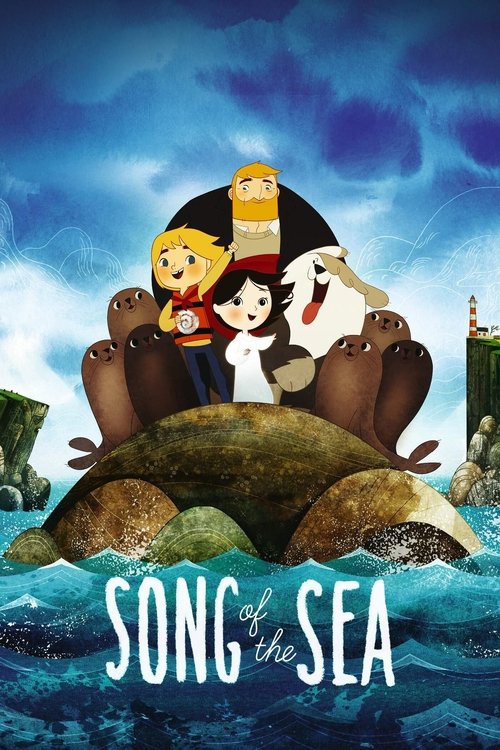 The poster features a whimsical scene with a group of animated characters—two girls, a boy, and a dog—standing on a rocky island under a dramatic blue sky. The vibrant colors of the sea and sky create a lively atmosphere, while the playful characters evoke a sense of adventure and fun.