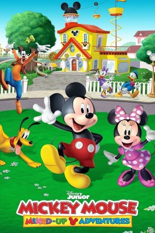 This vibrant poster features Mickey and Minnie Mouse joyfully dancing on a sunny day, surrounded by cheerful characters like Donald and Goofy. The scene is set against a colorful backdrop of a town with a bright yellow house and a lighthouse, evoking a playful and adventurous mood.