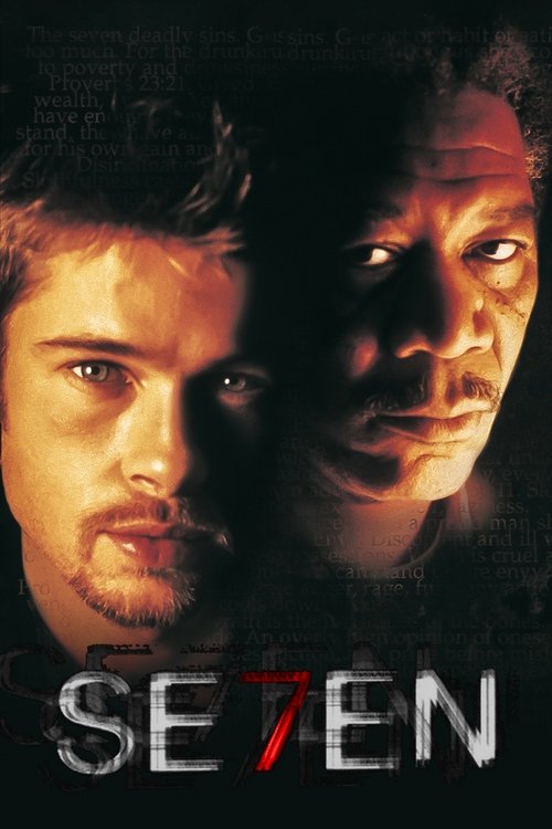 The poster features two men in shadowy tones, with one man's face partially obscured by darkness. The title "SE7EN" is prominently displayed in bold, metallic letters. The mood is intense and suspenseful, evoking a sense of mystery and danger.