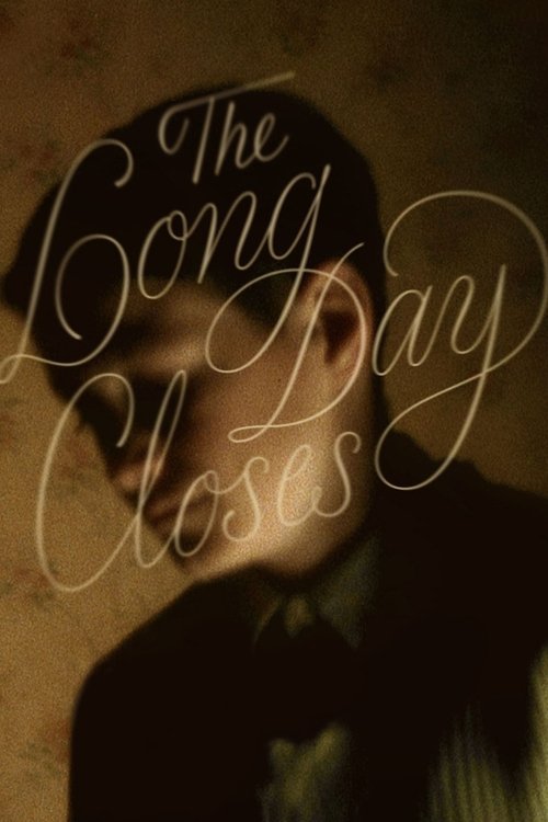 The poster features a dark, shadowy figure in silhouette against a warm, sepia-toned background. The title "The Long Day Closes" is elegantly written in cursive script, evoking a sense of melancholy and introspection. The overall mood is somber and contemplative, suggesting themes of loss or refl...