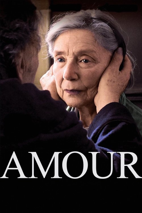 The poster features an elderly woman with gray hair, her hand gently resting on her cheek, conveying a sense of contemplation and emotional depth. The warm, dim lighting enhances the intimate and reflective mood, while the bold white text "AMOUR" anchors the composition, suggesting themes of love...