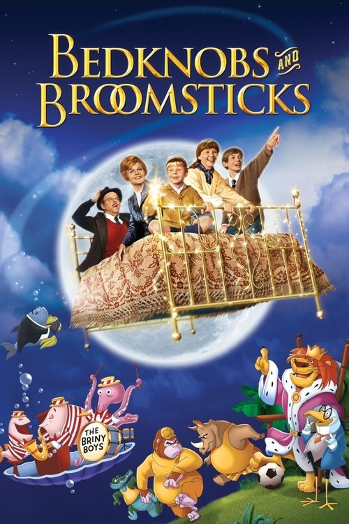 The poster features a whimsical scene with a bedknobs and broomsticks theme, set against a dreamy blue night sky. A group of characters in golden robes ride a golden bedknobs and broomsticks train, while playful creatures like a bear, cat, and dog gather below. The overall mood is cheerful and ma...