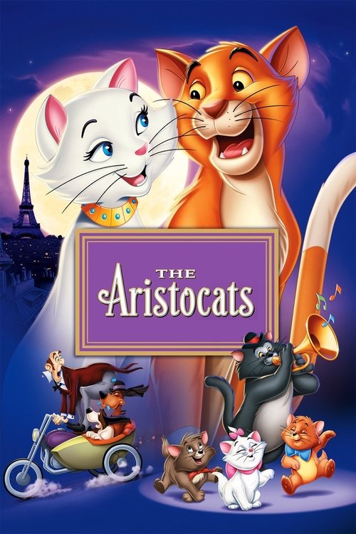 This vibrant poster features a lively scene with the main characters—Oscar, Ophelia, and the Aristo cats—standing against a starry night sky. The warm orange and blue hues create a magical atmosphere, while the whimsical design captures the charm of the classic tale.