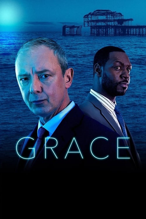 The poster features two men in formal attire against a dark, moody background. The title "GRACE" is prominently displayed in glowing blue letters. The overall mood is serious and dramatic, with cool blue tones evoking a sense of mystery and intrigue.
