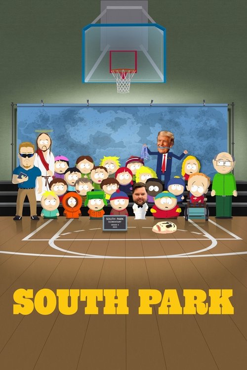 This South Park poster features a vibrant, cartoonish scene with diverse characters gathered around a basketball hoop. The colorful palette of bright yellows, blues, and greens creates a lively atmosphere, while the playful, exaggerated expressions of the characters evoke a sense of fun and camar...