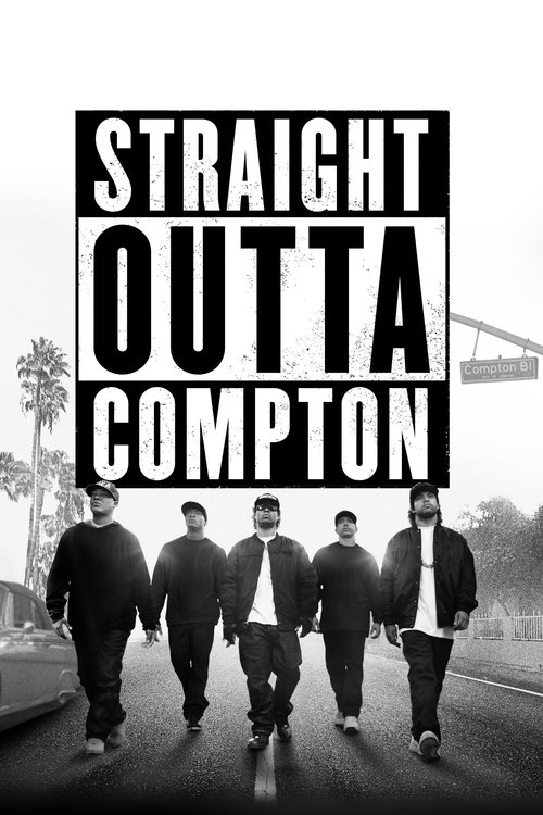 The poster features a group of men in dark suits walking confidently down a city street, with the title "STRAIGHT OUTTA COMPTON" prominently displayed in bold, black-and-white typography. The monochromatic palette and gritty urban setting evoke a sense of rebellion and urban grit.