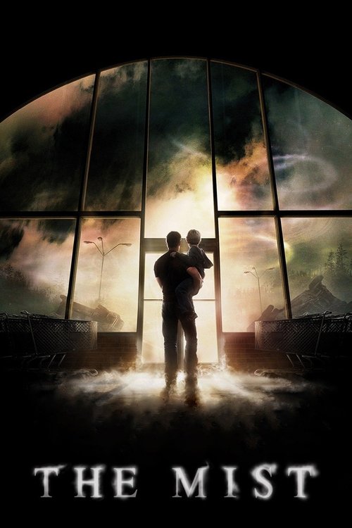The poster features silhouettes of two figures standing in front of a large, arched window that reveals a dramatic, stormy sky filled with dark clouds and fiery orange hues. The warm glow from the window casts a mysterious and eerie atmosphere over the scene, while the title "THE MIST" is promine...