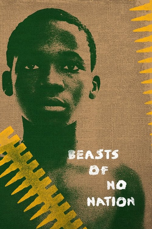 The poster features a black-and-white portrait of a young man against a textured beige background. Vibrant yellow jagged lines frame the image, creating a dynamic and energetic composition. The text "BEASTS OF NO NATION" is overlaid in bold, white capital letters, evoking themes of rebellion and ...