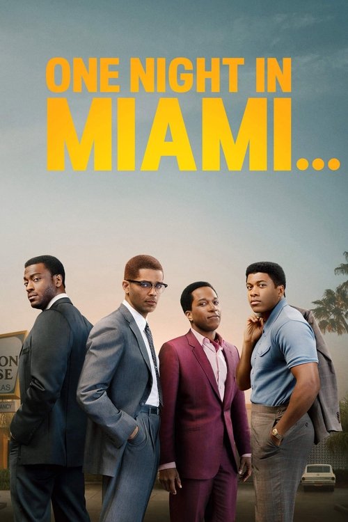 The poster features four men in suits standing in a line against a warm, sunlit backdrop. The title "ONE NIGHT IN MIAMI..." dominates the top in bold yellow text. The mood is casual yet confident, suggesting a comedy or action film set in Miami.