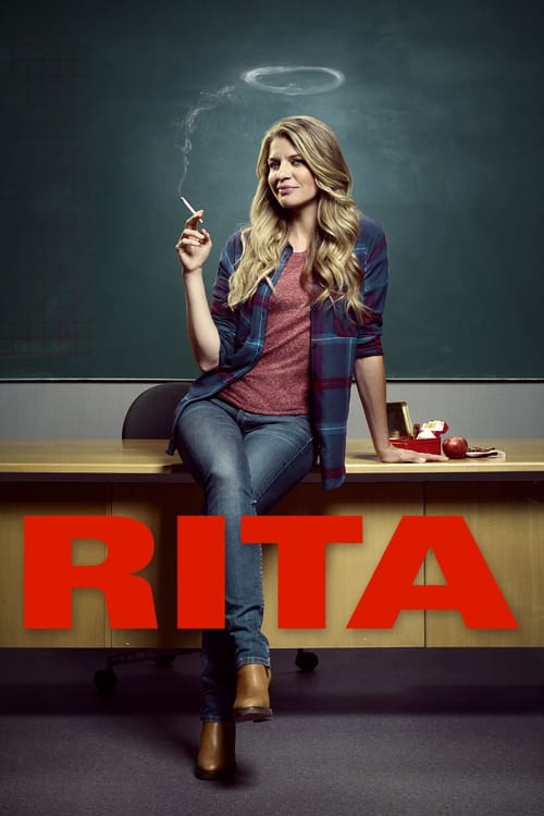 The poster features a glamorous blonde woman in a plaid shirt and jeans, holding a cigarette while sitting on a desk with chalk dust swirling above her. The bold red "RITA" text dominates the foreground, contrasting sharply with the muted background. The mood is playful and slightly rebellious, c...