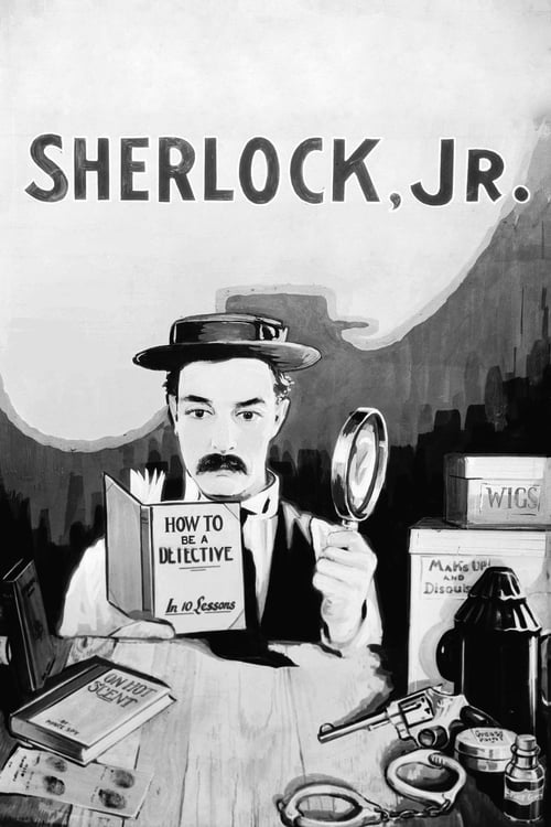 This vintage black-and-white poster features a man with a mustache and hat holding a magnifying glass over a book titled "How to Be Brilliant." The scene is set against a dark, moody background with a faint outline of a city skyline. The mood is mysterious and intriguing, capturing the essence of...