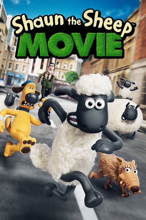 This vibrant movie poster features Shaun the Sheep, a beloved sheep character, leading a group of friends in a lively street scene. The poster uses bright colors like yellow, green, and blue to create an energetic and cheerful atmosphere. The mood is playful and adventurous, capturing the essence...