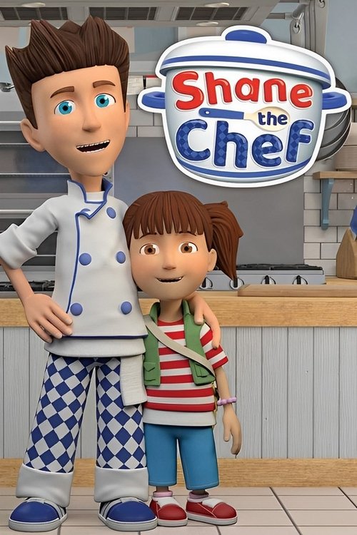 The poster features two animated characters: a confident chef with brown hair and a striped apron, and a cheerful child with pigtails in a red-and-white striped shirt. The warm, inviting colors of the kitchen background and the playful, friendly expressions convey a lighthearted and engaging mood...