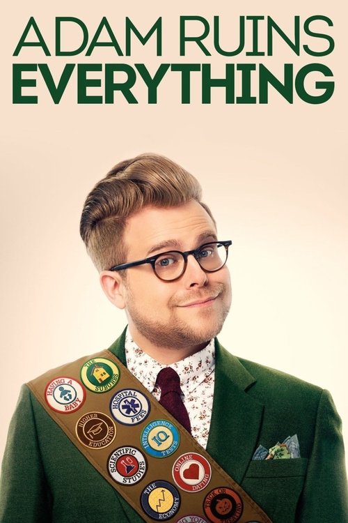 The poster features a charismatic man in a green suit with a sash adorned with colorful buttons, exuding confidence. The warm lighting and cheerful expression convey a fun, engaging atmosphere typical of a comedy series.