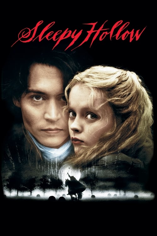 This movie poster features a dramatic scene with a man and woman in the foreground, their expressions conveying tension and mystery. The dark, moody background with a silhouette of a horse adds to the suspenseful atmosphere. The title "Sleepy Hollow" is prominently displayed in red, emphasizing t...
