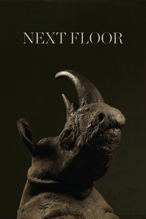 The poster features a dark, moody scene with a textured, dark figure in profile against a shadowy background. The title "NEXT FLOOR" is prominently displayed at the top in white serif font. The overall mood is mysterious and atmospheric, with a focus on the eerie, sculptural quality of the figure.