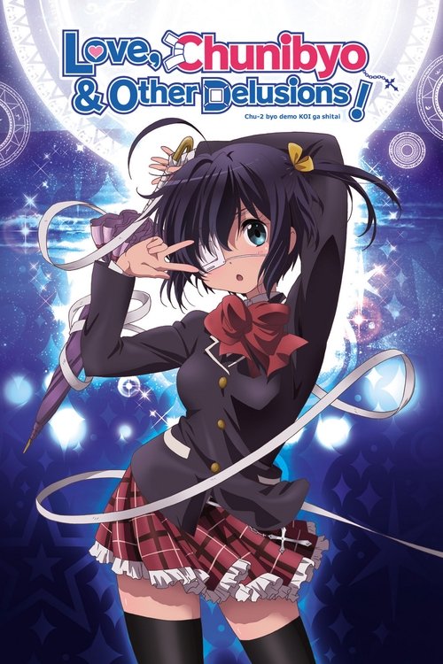 The anime poster features a young girl with black hair and a red bow, wearing a school uniform with a plaid skirt and thigh-high socks. She holds a microphone, suggesting a musical performance. The background is filled with glowing blue orbs and stars, creating a magical atmosphere. The title "Lo...