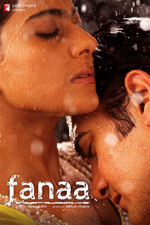 The poster features a tender, intimate close-up of two women sharing a moment of connection. The warm, golden hues of their skin contrast with the cool, icy tones of the falling snow, creating a dreamy and romantic atmosphere. The title "Fanaa" is elegantly displayed in white, emphasizing the fil...