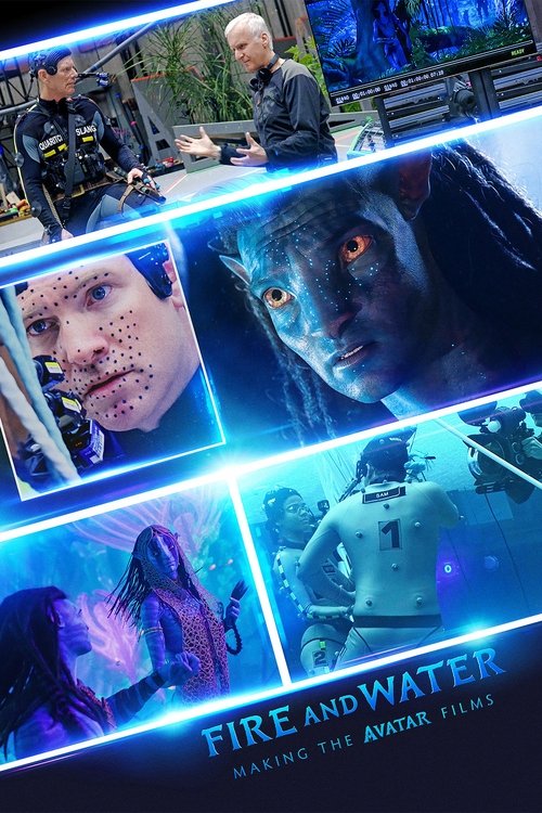 This poster features a futuristic sci-fi setting with glowing blue neon lines framing the scenes. It showcases characters in dramatic poses, including a man with a serious expression and another with glowing eyes. The color palette is dominated by cool blues and purples, creating a mysterious and...