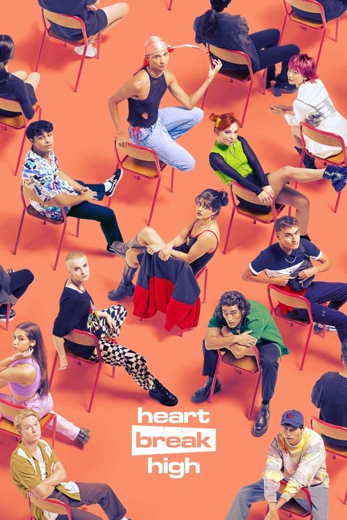This vibrant poster captures the essence of "Heartbreak High" with its energetic, colorful scene filled with diverse characters in a lively, high-energy atmosphere. The bright orange background and playful, eclectic clothing create a fun and dynamic visual that reflects the show's youthful and re...