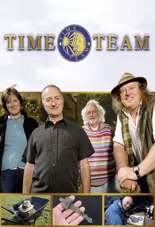 This TV poster features four men in casual attire against a backdrop of green hills, with the title "TIME TEAM" prominently displayed in bold letters. The warm, earthy tones of the colors evoke a nostalgic, friendly atmosphere, suggesting a group of friends sharing a moment of camaraderie.